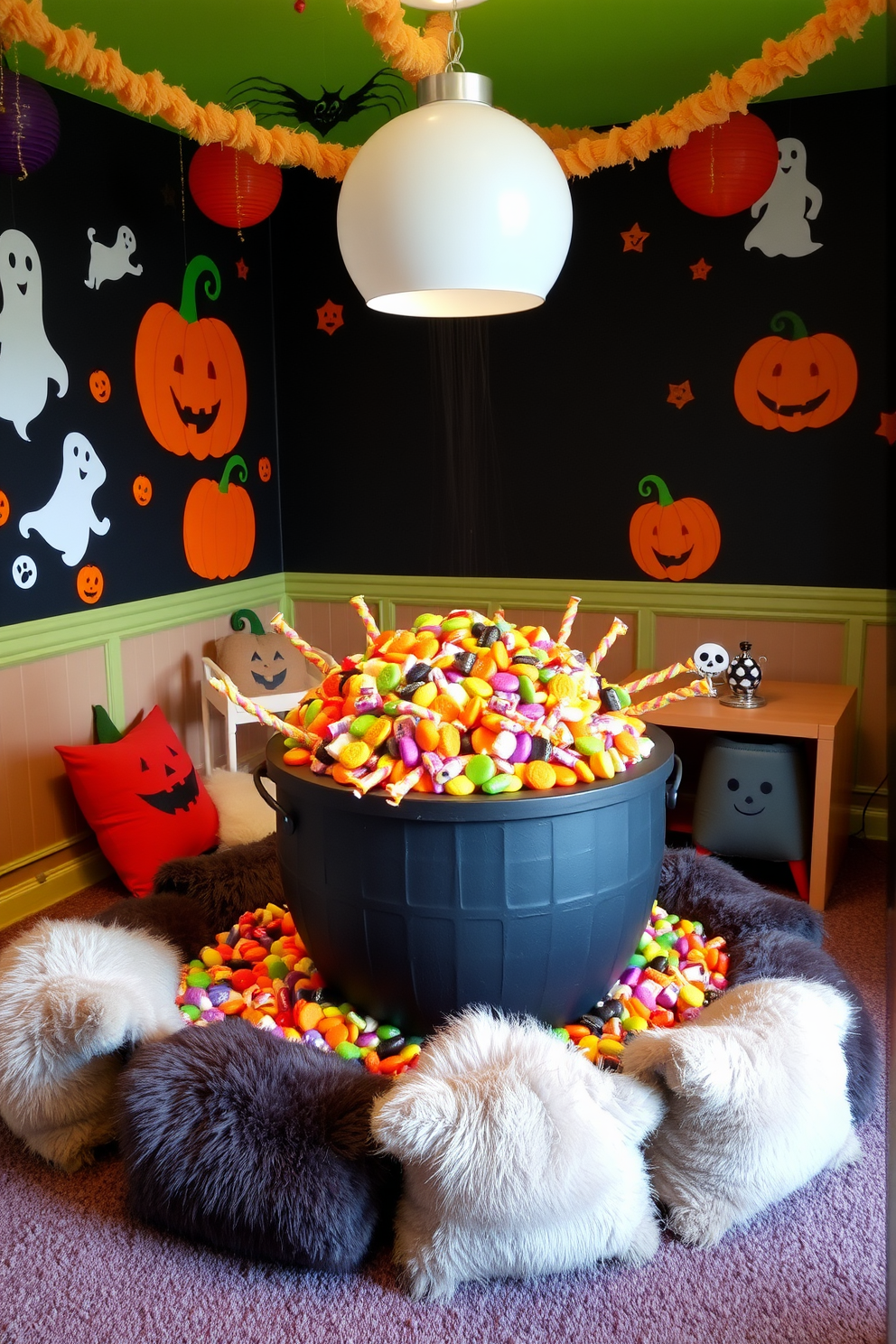 A whimsical Halloween playroom filled with vibrant decorations. In the center, a large cauldron overflows with a variety of colorful candy treats, creating a festive focal point. Surrounding the cauldron, playful wall art features ghosts and pumpkins, adding to the spooky atmosphere. Cozy seating areas with plush cushions invite children to enjoy their treats while engaging in fun Halloween-themed activities.