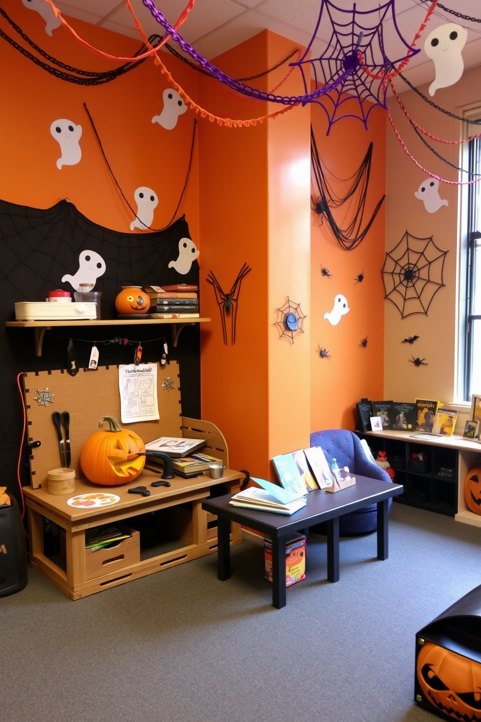 A whimsical Halloween-themed playroom filled with interactive play stations. The walls are adorned with colorful spider webs and playful ghosts, creating a festive atmosphere. One play station features a pumpkin carving area with tools and templates for kids. Another station has a spooky story corner with cozy seating and themed books for storytelling sessions.