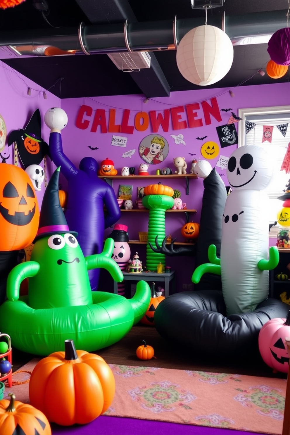 Charming witch hats are artistically displayed on rustic wooden hooks, creating a whimsical atmosphere in the playroom. The walls are adorned with playful Halloween-themed artwork, and colorful string lights add a festive glow to the space.