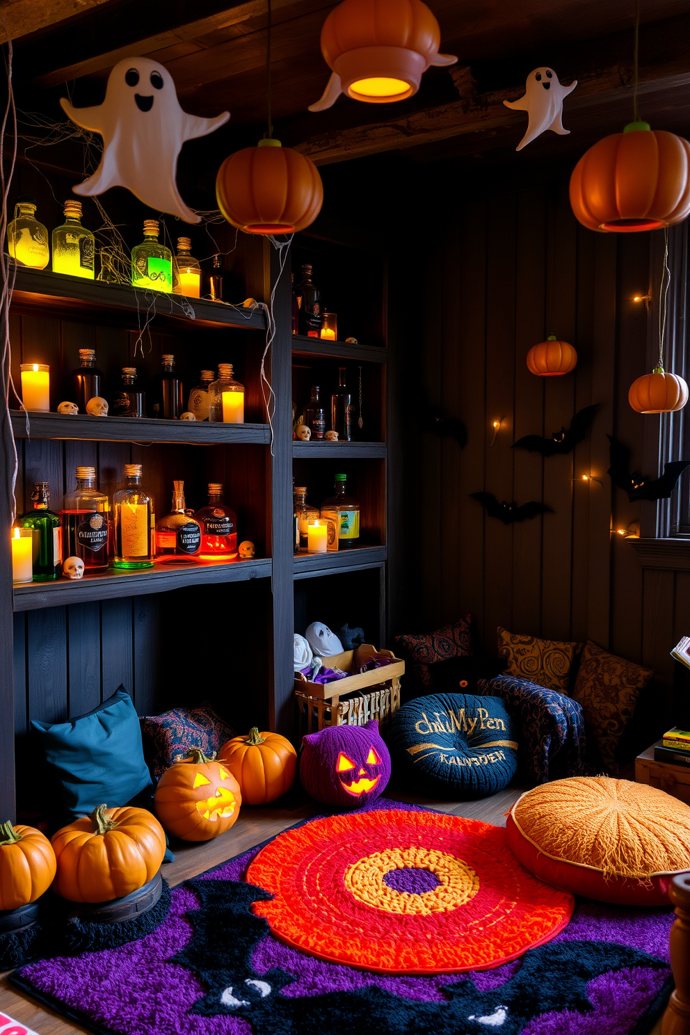 A whimsical playroom filled with vibrant colors and playful decor. The ceiling is adorned with glow-in-the-dark stars that twinkle softly, creating a magical atmosphere for children to enjoy. The walls are painted in bright shades of orange and purple, featuring fun Halloween-themed artwork. Plush seating in the shape of pumpkins and ghosts adds comfort and charm to the space.