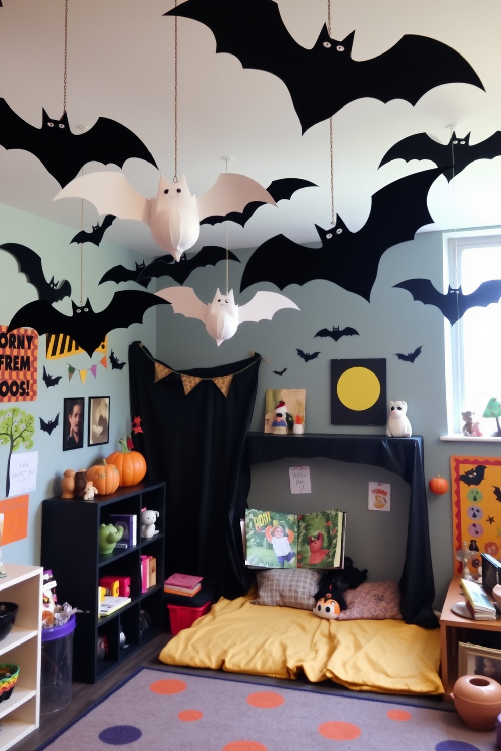 A whimsical Halloween playroom features bat cutouts suspended from the ceiling, creating a playful and spooky atmosphere. The walls are adorned with colorful decorations and playful artwork, while a cozy reading nook invites children to enjoy festive stories.