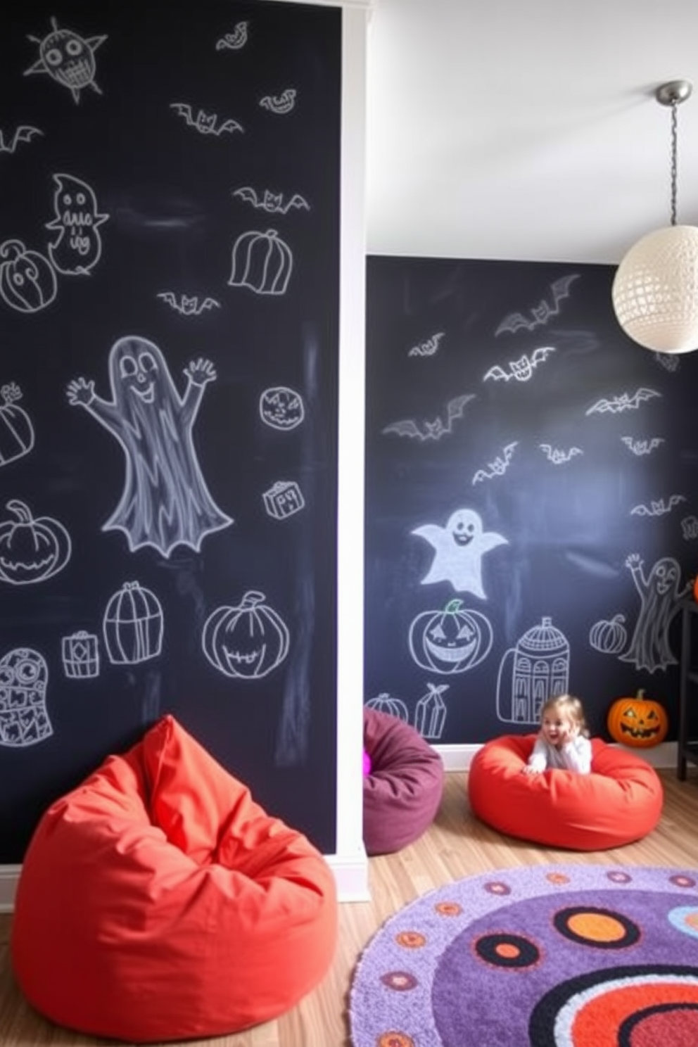 A playful Halloween-themed playroom features a large chalkboard wall adorned with spooky drawings of ghosts, pumpkins, and bats. Colorful bean bags and whimsical rugs create a cozy and inviting space for children to unleash their creativity and enjoy the festive atmosphere.