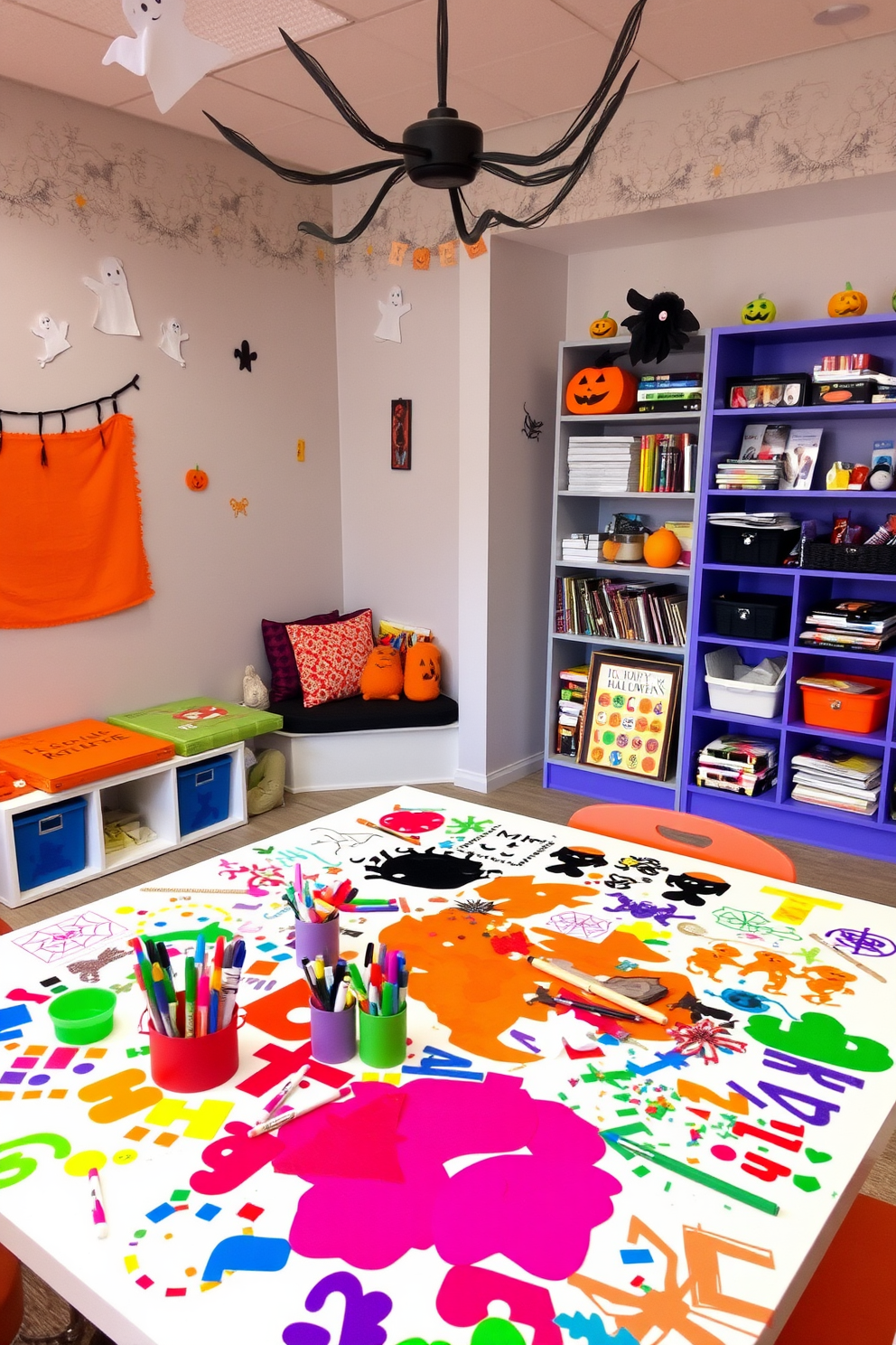 A vibrant Halloween-themed playroom filled with art supplies for crafts. The walls are adorned with playful ghost and pumpkin decorations, and a large table is covered with colorful paints, markers, and spooky stickers. In one corner, a cozy reading nook features orange and black cushions, inviting children to explore Halloween-themed books. Shelves are stocked with craft paper, glue, and materials for creating festive decorations, ensuring endless creativity.