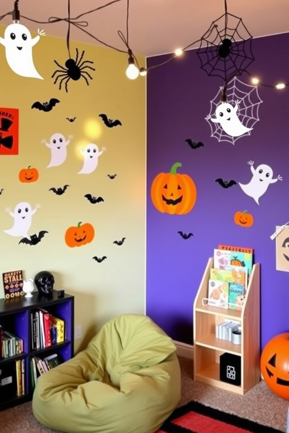 A whimsical playroom filled with vibrant colors and playful decor. String lights shaped like pumpkins, ghosts, and bats hang from the ceiling, casting a warm glow over the space. The walls are adorned with cheerful Halloween-themed artwork and playful wall decals. A cozy reading nook features a soft orange rug and plush cushions, inviting children to enjoy spooky stories.