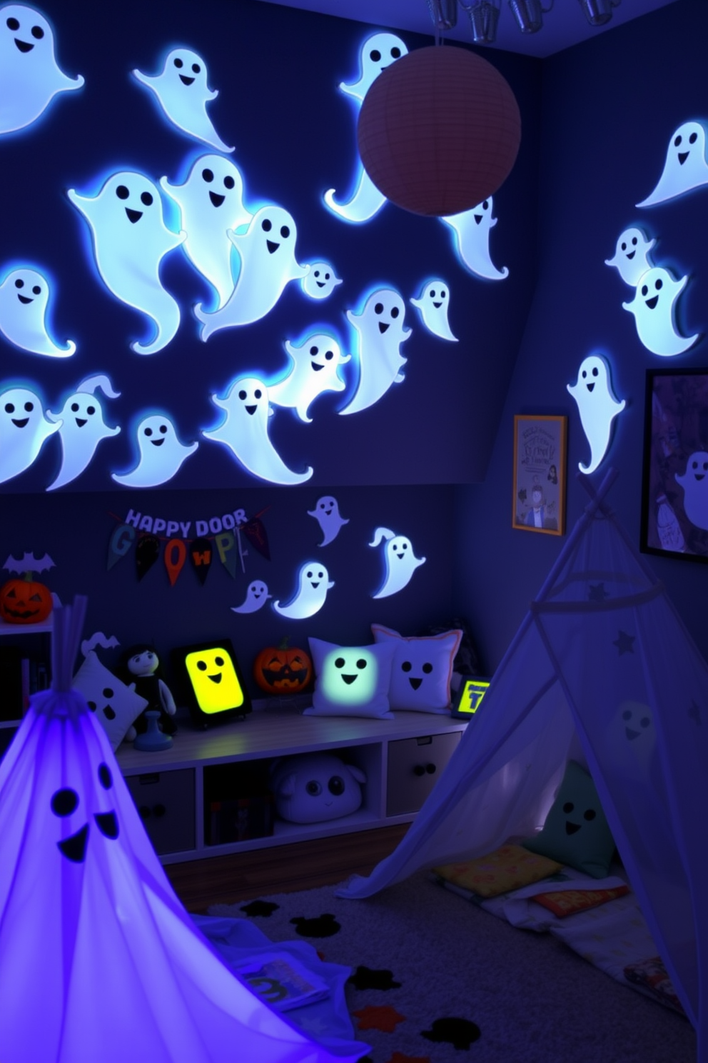 A whimsical playroom filled with glow in the dark ghost decorations creates a playful and spooky atmosphere for children. The walls are adorned with cheerful ghost cutouts that softly illuminate the space, while a cozy reading nook features ghost-themed cushions and blankets. Colorful wall art depicting friendly ghosts adds a fun touch to the decor. A corner play area includes a ghost-shaped tent, inviting kids to enjoy imaginative play during the Halloween season.