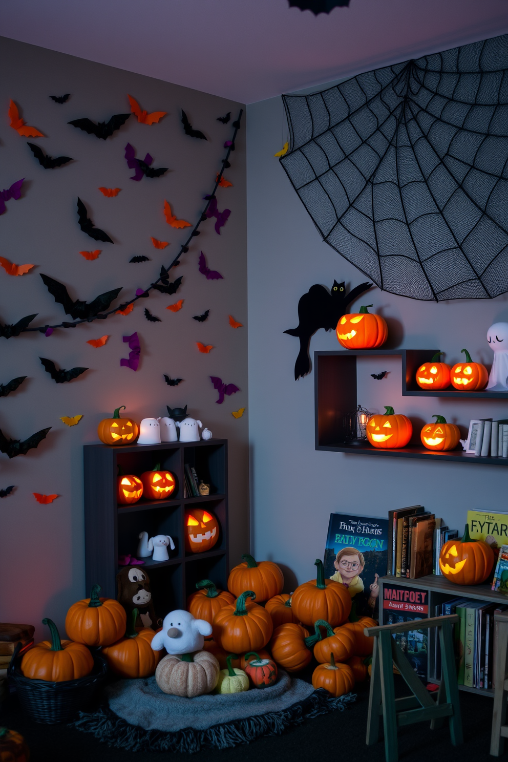 A whimsical Halloween playroom filled with playful decorations. The walls are adorned with colorful paper bats and ghostly figures, while a large black spider web stretches across one corner. Softly glowing jack-o'-lanterns are placed on shelves, casting a warm light. A cozy reading nook features a pile of plush pumpkins and a spooky storybook collection.