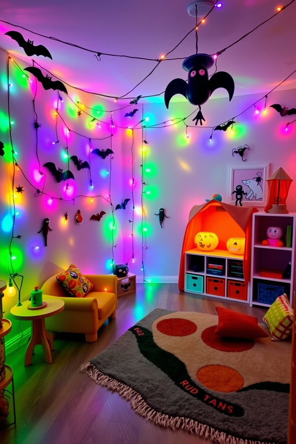 A vibrant playroom filled with colorful lights creating a festive ambiance. The walls are adorned with playful Halloween decorations, including hanging bats and ghostly figures. Soft, warm lighting illuminates the space, casting a cheerful glow on the playful furniture. A cozy reading nook features colorful cushions and a whimsical rug, inviting children to explore their creativity.