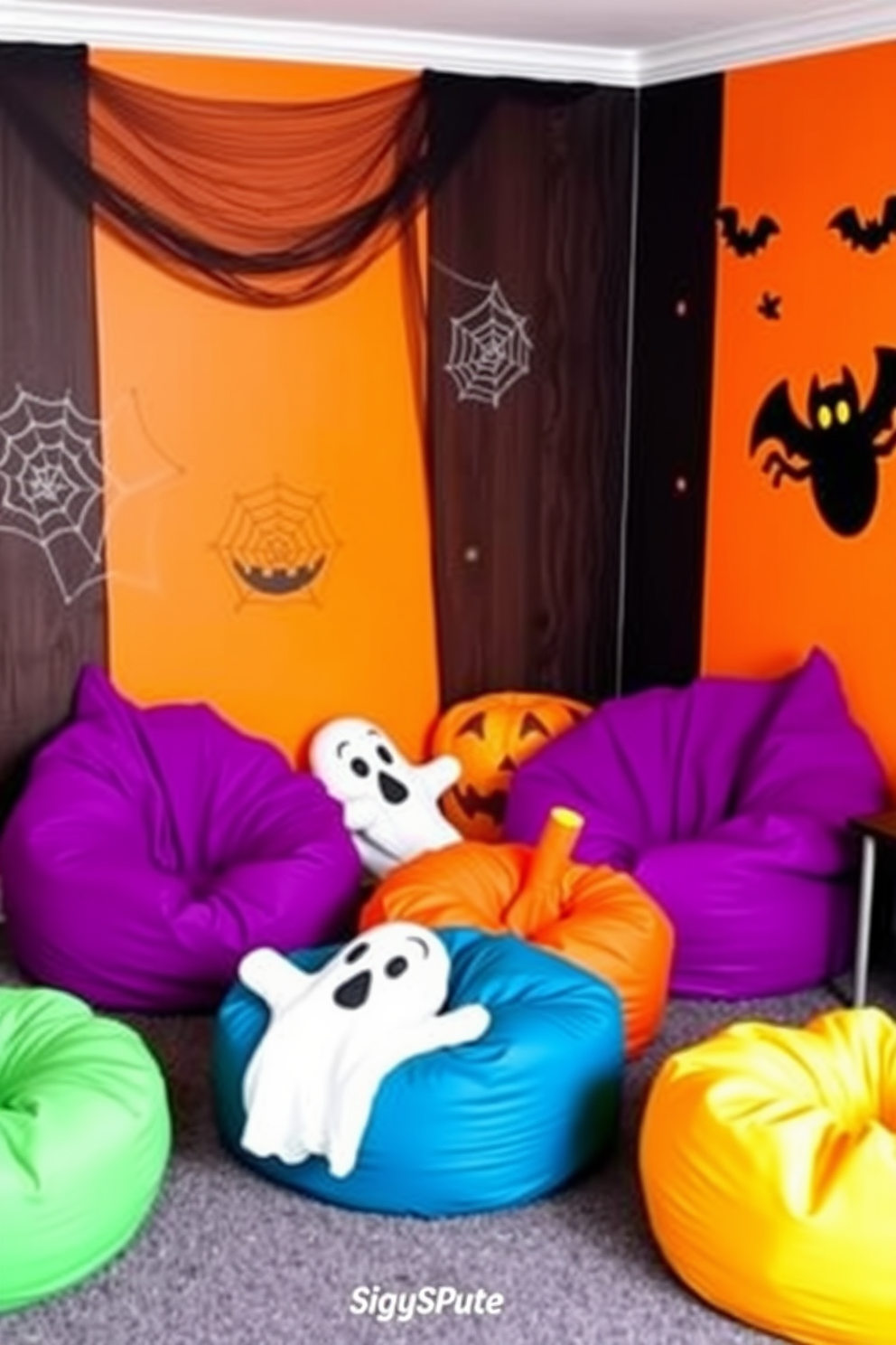 Create a cozy Halloween-themed playroom featuring vibrant bean bags in the shapes of pumpkins and ghosts. The walls are adorned with playful decorations like spider webs and friendly bats, creating a fun and inviting atmosphere for kids.