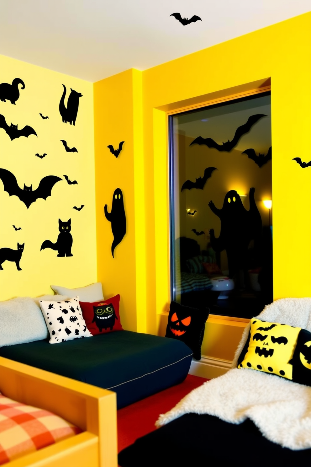 A whimsical playroom filled with vibrant colors and playful decor. The walls are painted in a cheerful yellow, adorned with fun wall decals of animals and shapes. Spooky silhouettes of bats and ghosts are creatively displayed on the windows, casting eerie shadows in the evening light. Soft, plush seating areas are arranged with Halloween-themed cushions and blankets for a cozy atmosphere.