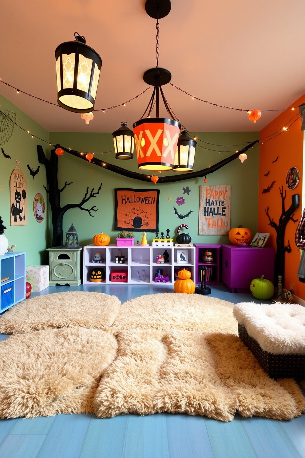 A whimsical playroom filled with vibrant colors and playful decor. The space features decorative lanterns with flickering lights hanging from the ceiling, casting a warm glow over the room. Soft, plush rugs cover the floor, providing a cozy area for children to play. Walls are adorned with fun Halloween-themed artwork, creating a festive atmosphere perfect for imaginative play.