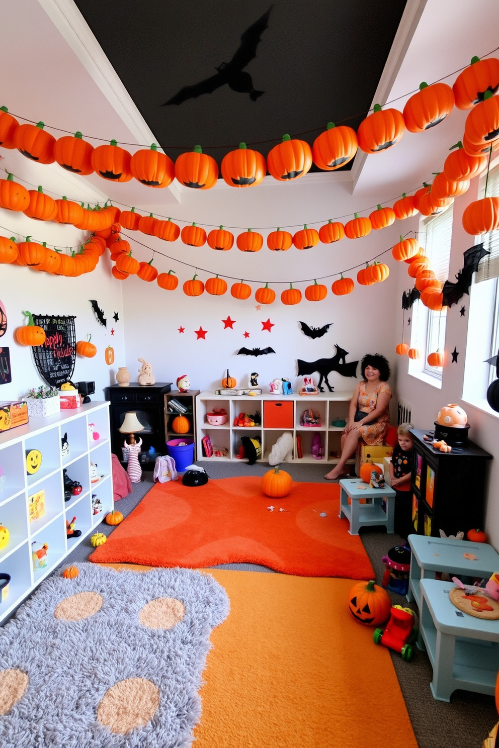 A whimsical Halloween-themed play tent is set up in the corner of the playroom. The tent is adorned with orange and black fabric, featuring playful ghost and pumpkin patterns. Inside the tent, cozy cushions in various shades of purple and green create a comfortable seating area. Soft string lights twinkle overhead, adding a magical glow to the Halloween atmosphere.