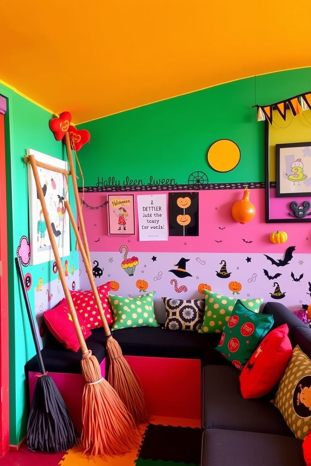 A whimsical playroom filled with vibrant colors and playful decor. In one corner, witch's broomsticks lean casually against the wall, adding a touch of Halloween spirit to the space. The walls are adorned with cheerful artwork and playful patterns, creating an inviting atmosphere for children. Cozy seating areas with colorful cushions invite imaginative play and storytelling.