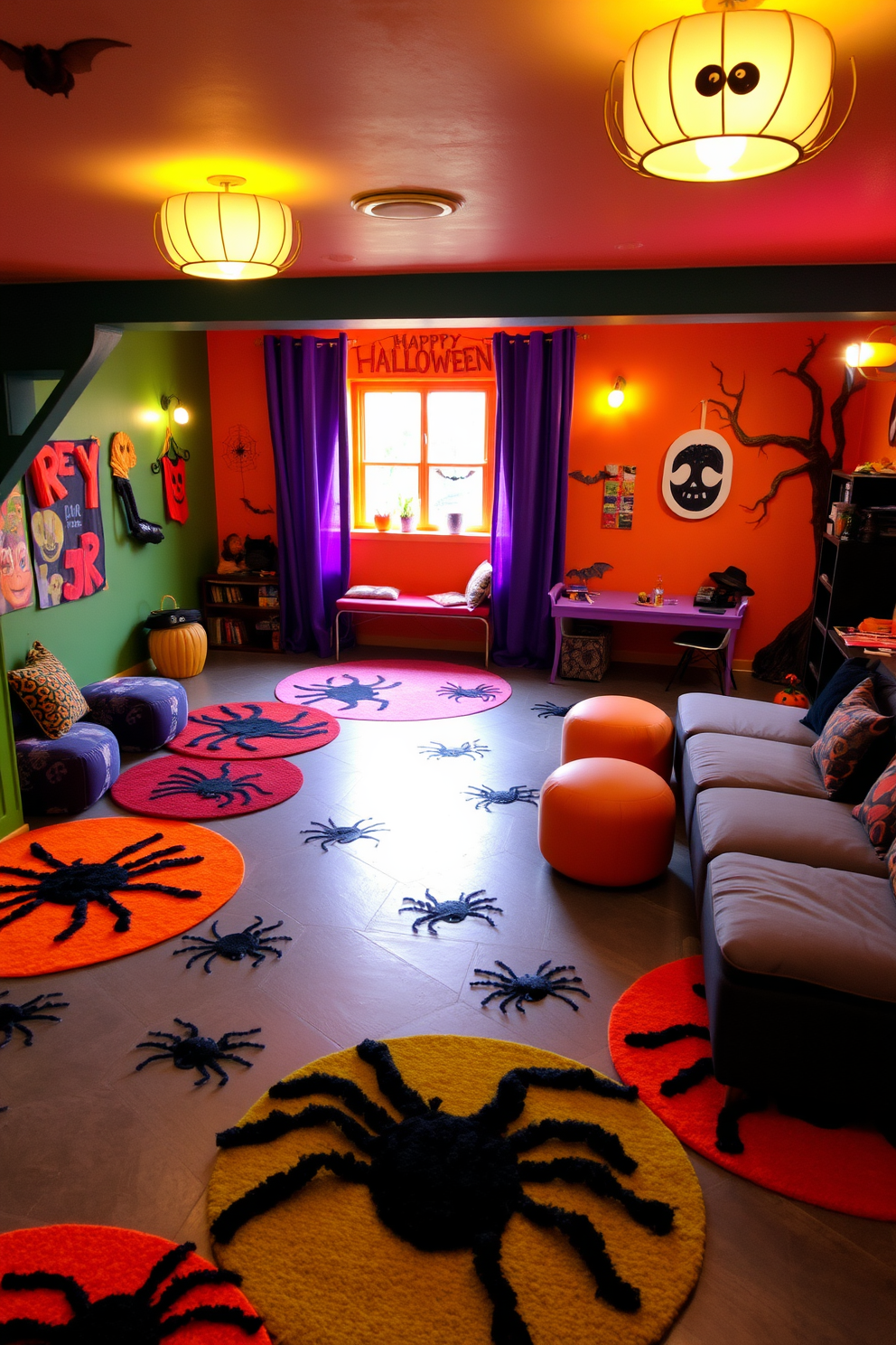 A playful Halloween-themed playroom filled with vibrant colors and whimsical decor. The floor is covered with spider-themed rugs that add comfort and a festive touch to the space. Brightly colored walls feature fun, spooky artwork and playful lighting fixtures. Cozy seating areas are arranged with plush cushions, inviting children to explore their creativity in a Halloween-inspired environment.