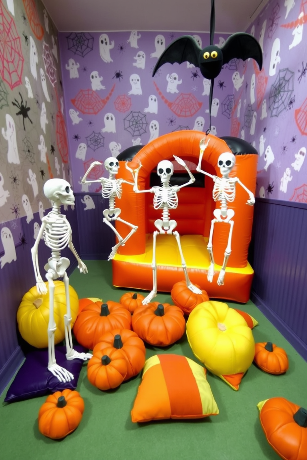 Playful skeleton figures are scattered throughout a vibrant Halloween-themed playroom. The walls are adorned with colorful spiderwebs and cheerful ghosts, creating a fun and festive atmosphere. In one corner, a skeleton is mid-jump on a bouncy castle, while another is swinging from a hanging bat decoration. Plush pumpkins and candy corn pillows are strewn across the floor, inviting children to play and explore.