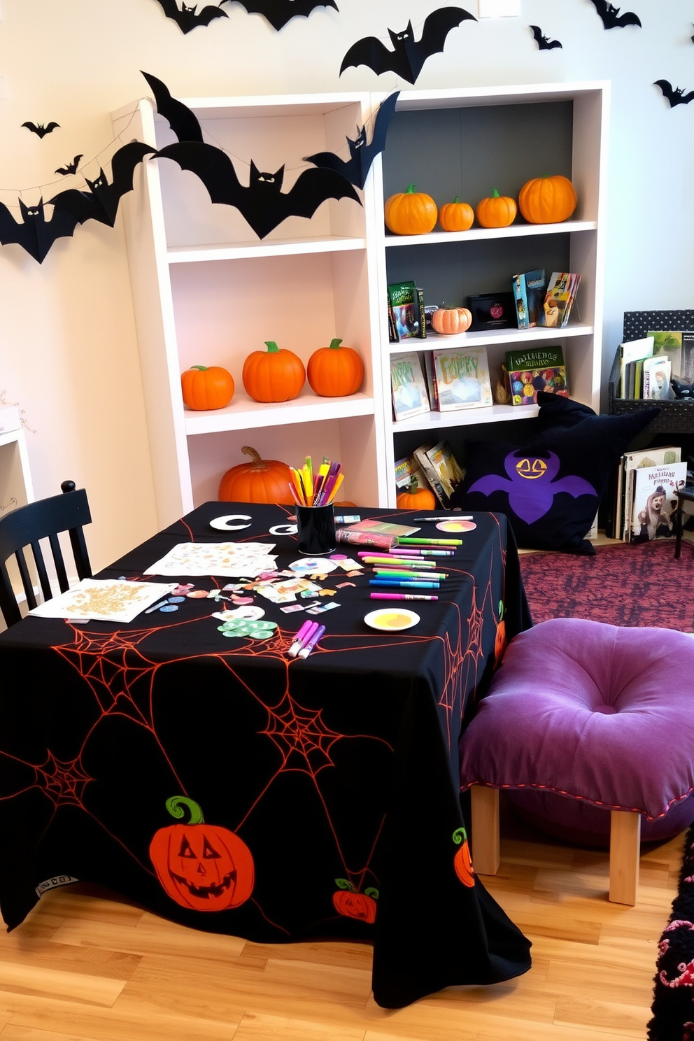 A whimsical Halloween-themed table is set up for crafting, featuring a black tablecloth adorned with orange and purple spiderwebs. Scattered across the table are various supplies like glittery paper, pumpkin-shaped stickers, and an assortment of colorful markers. The Halloween playroom is decorated with playful touches, including hanging paper bats and vibrant pumpkins lining the shelves. A cozy reading nook is created with plush cushions and spooky-themed books, inviting children to explore their imagination.