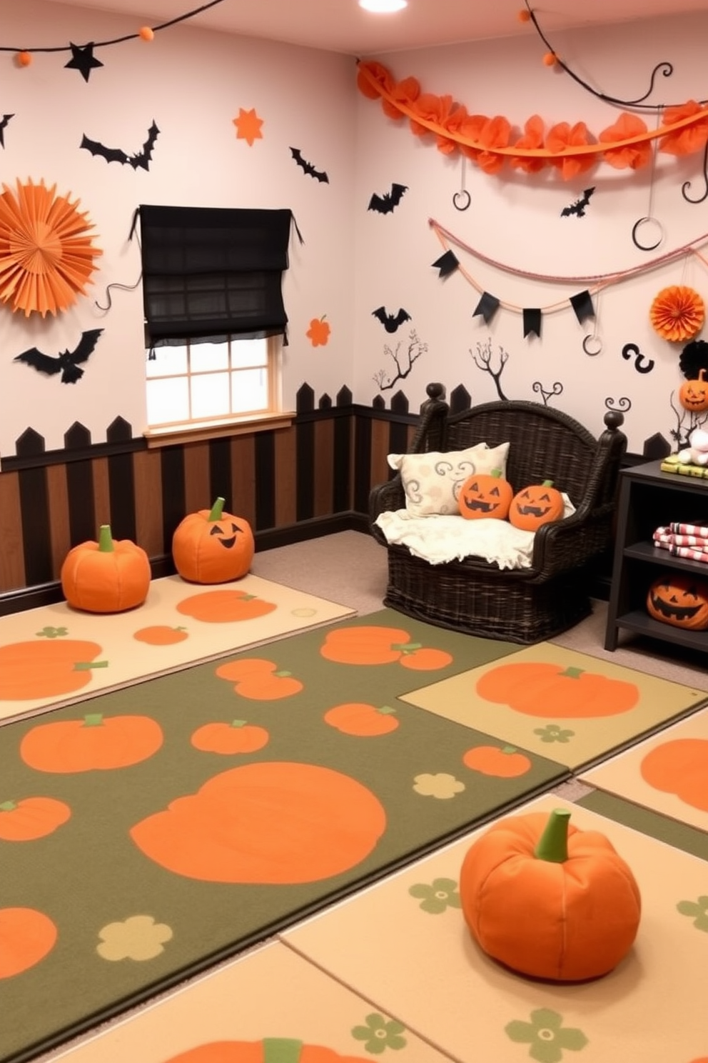 Create a warm and inviting playroom decorated for Halloween. The seating area features pumpkin-themed cushions that add a festive touch, inviting children to relax and enjoy their time.