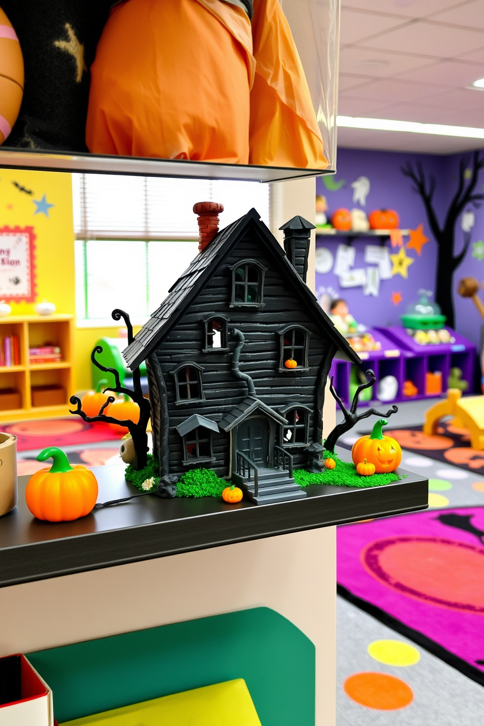 The playroom is filled with themed bean bags designed for comfortable seating. Each bean bag features playful Halloween designs such as pumpkins, ghosts, and witches, creating a festive atmosphere for children to enjoy.