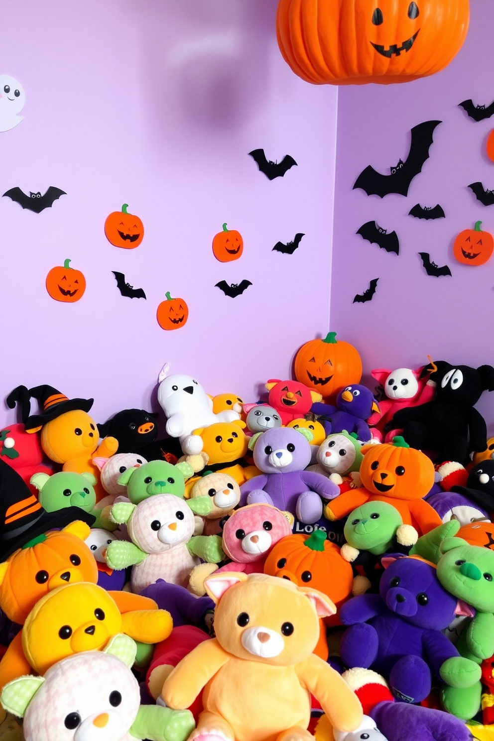 A vibrant playroom filled with colorful Halloween-themed plush toys. The walls are adorned with playful Halloween decorations, featuring ghosts, pumpkins, and bats.