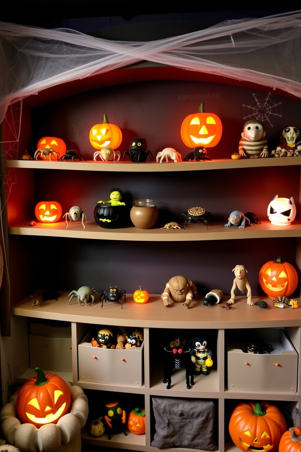 Light-up jack-o-lanterns are placed on various tables throughout the playroom, creating a festive and playful atmosphere. Colorful Halloween decorations, including spider webs and paper bats, hang from the ceiling, adding to the spooky charm.