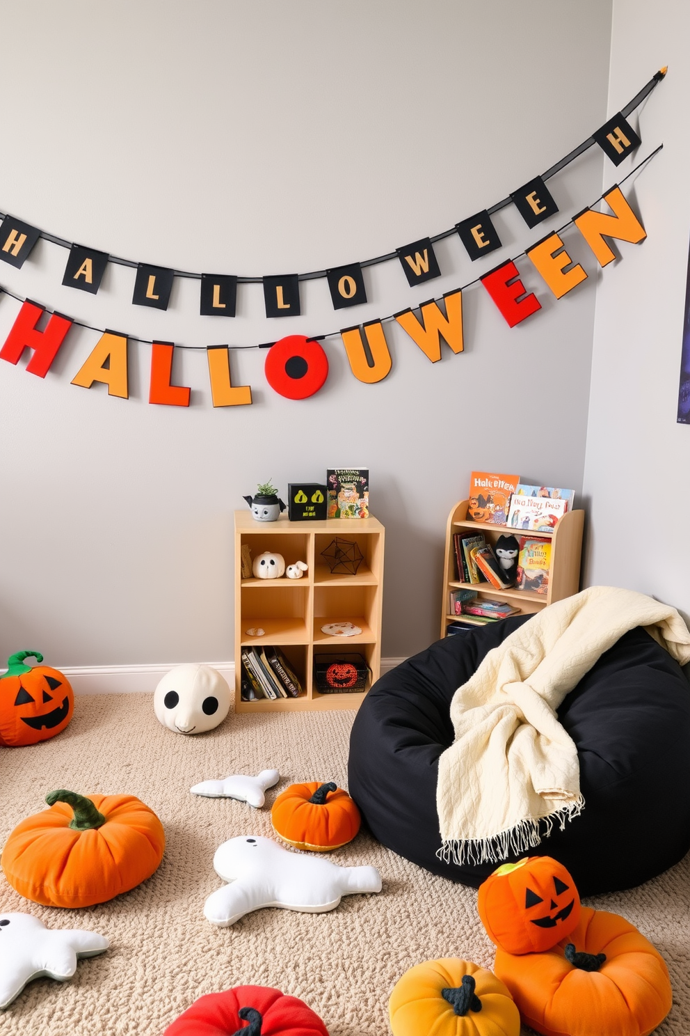 A playful playroom setting designed for Halloween. The walls are adorned with a colorful boo banner that stretches across the room, creating a festive atmosphere. Scattered around the floor are plush Halloween-themed cushions in various shapes like pumpkins and ghosts. A cozy reading nook features a small bookshelf filled with spooky storybooks and a soft blanket draped over a bean bag chair.