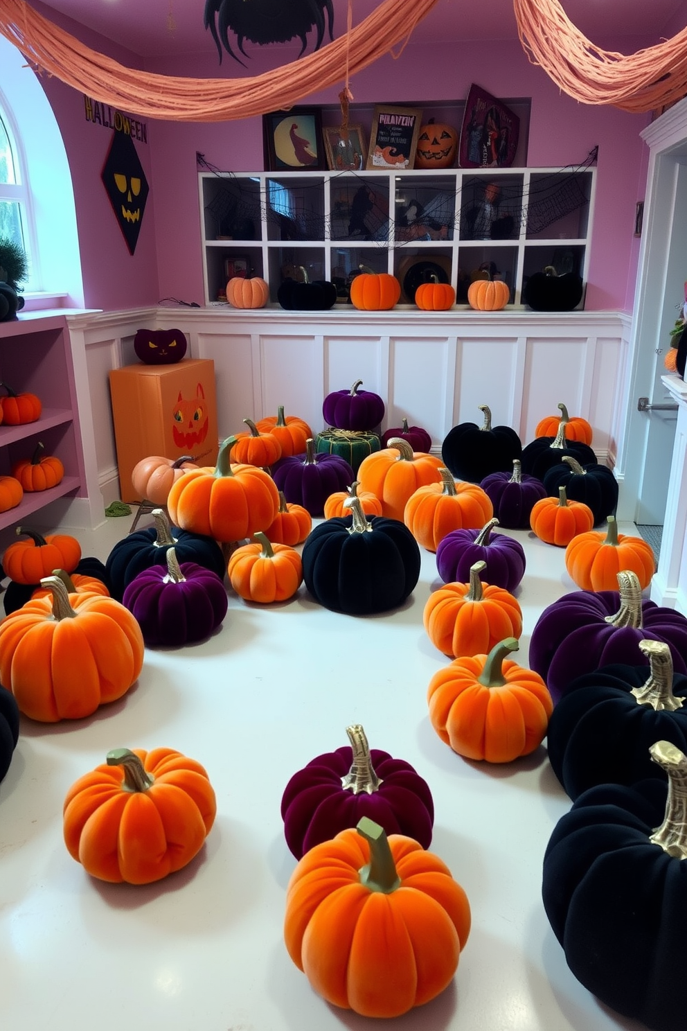 A whimsical Halloween playroom filled with velvet pumpkins in various sizes placed throughout the space. The pumpkins are in rich colors like deep orange, purple, and black, creating a festive atmosphere perfect for children.