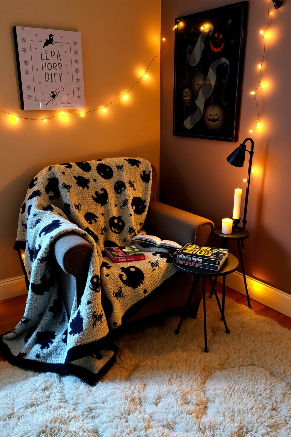 Cozy blankets with spooky patterns drape over a plush armchair nestled in a corner of a warmly lit room. A small side table holds a stack of classic horror novels and a flickering candle, creating an inviting atmosphere for Halloween reading. The walls are adorned with whimsical Halloween-themed artwork, while a soft rug adds comfort underfoot. A string of fairy lights casts a gentle glow, enhancing the cozy ambiance perfect for enjoying a chilling tale.