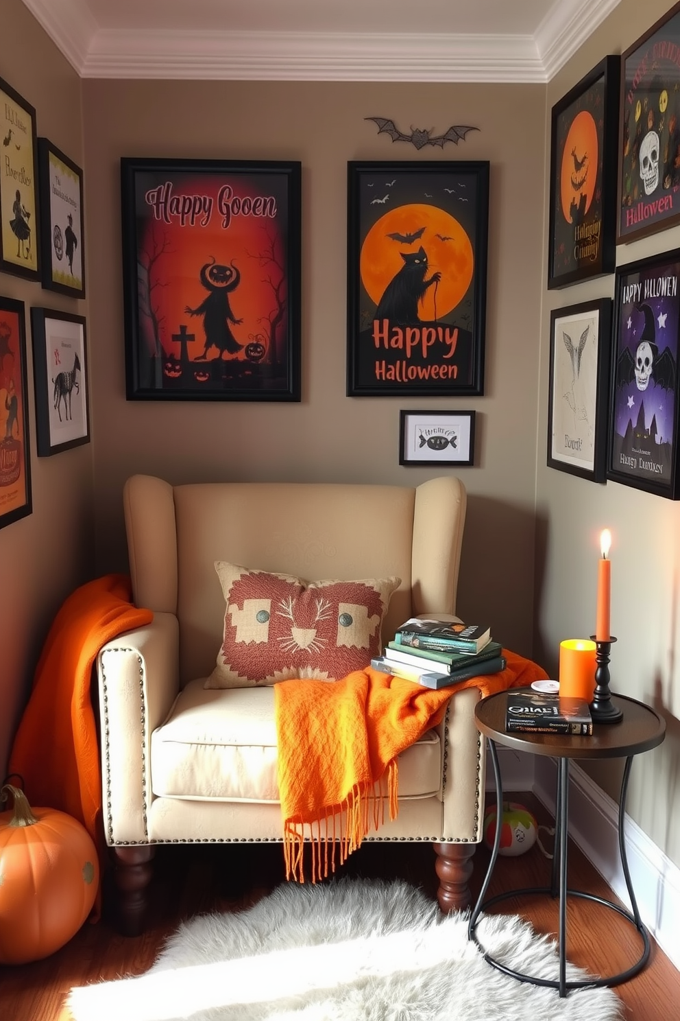 A cozy reading nook adorned with spiderweb tablecloths draped over side tables creates a whimsical Halloween atmosphere. Soft, ambient lighting illuminates the space, highlighting the seasonal decorations and inviting comfort.