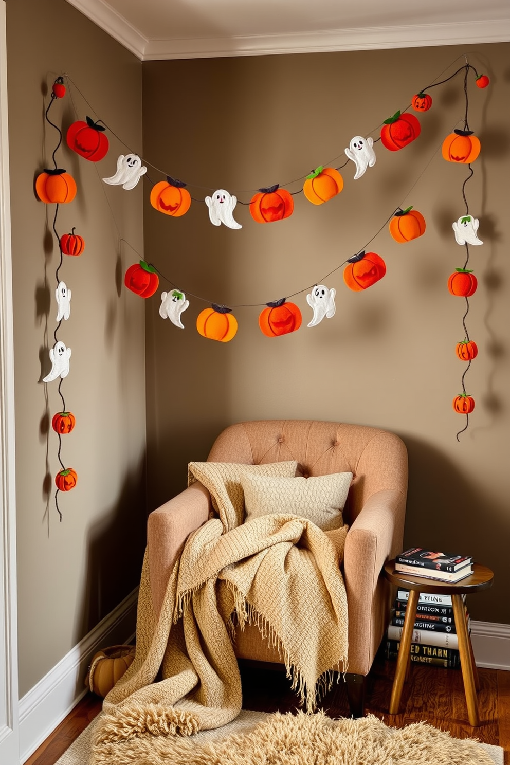 A cozy reading nook adorned with felt garlands featuring playful ghosts and vibrant pumpkins. The nook includes a comfortable armchair draped with a soft blanket, and a small side table holds a stack of Halloween-themed books.