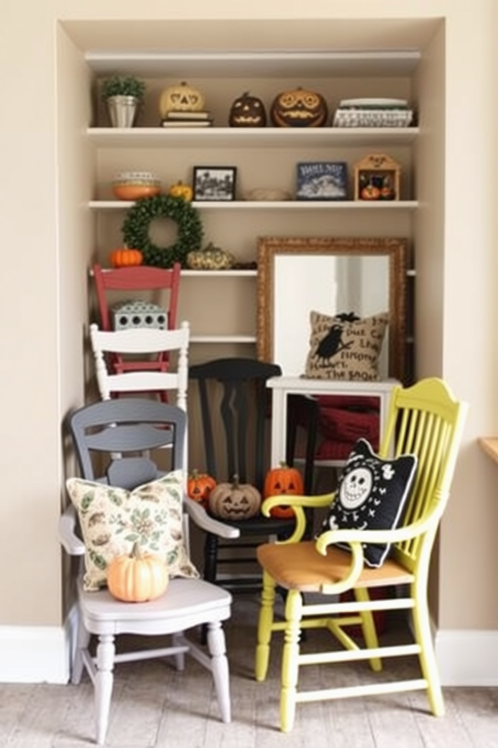 Create a cozy Halloween reading nook featuring a collection of mismatched chairs in various styles and colors. Add whimsical decorations like miniature pumpkins and spooky-themed cushions to enhance the eclectic atmosphere.