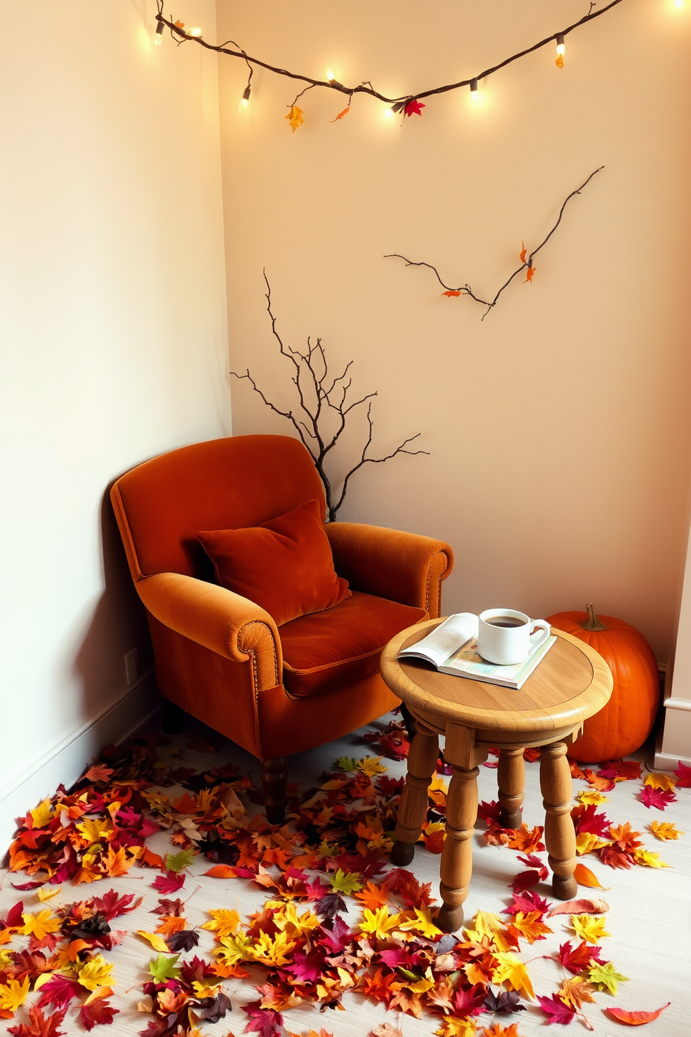 A cozy reading nook adorned with colorful fall leaves scattered on the floor. A plush armchair in warm tones is positioned next to a small wooden side table holding a steaming cup of tea and a stack of books. The walls are painted in a soft cream color, creating a warm and inviting atmosphere. A string of fairy lights hangs above, adding a touch of whimsy to the Halloween-inspired decor.