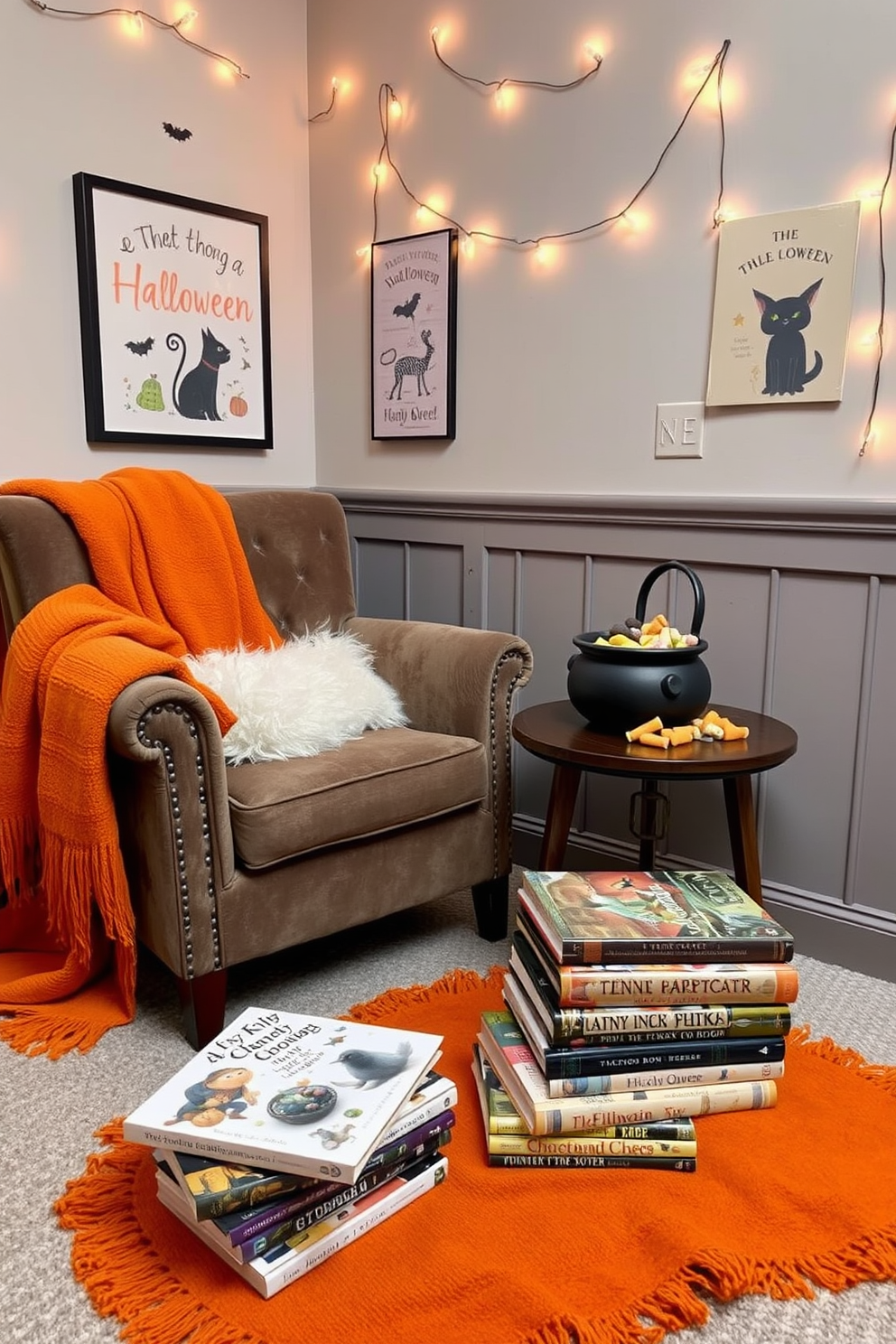 A cozy reading nook adorned with vintage books featuring spooky covers. The nook is surrounded by dark wood shelving filled with an eclectic mix of horror novels and classic ghost stories. A plush armchair upholstered in deep burgundy velvet sits in the corner, accompanied by a small side table holding a flickering candle. Soft, dim lighting from a nearby antique lamp creates an inviting atmosphere perfect for Halloween reading.