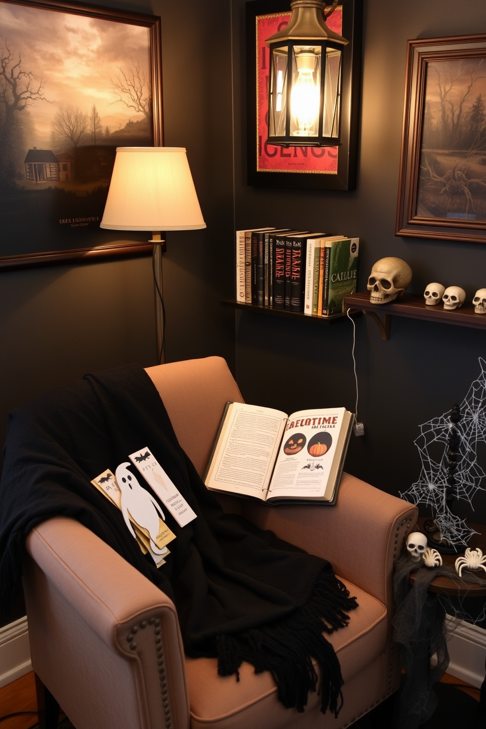 Create a cozy Halloween reading nook that captures the spirit of the season. Include a plush armchair draped with a soft black throw blanket and a small side table adorned with themed bookmarks featuring ghosts and pumpkins. Set the scene with dim lighting from a vintage lamp and wall art depicting eerie landscapes. Add a shelf filled with classic horror novels and decorative elements like mini skulls and spiderwebs to enhance the spooky ambiance.