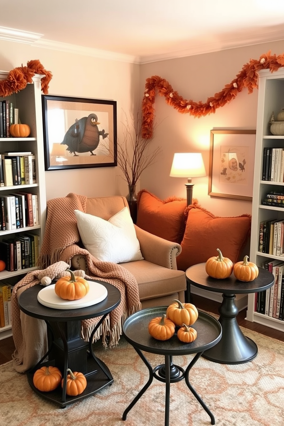 A cozy reading nook adorned with soft, plush cushions in warm autumn colors. Miniature pumpkins of various sizes and shades are arranged as charming table centerpieces, adding a festive touch to the space. The nook features a comfortable armchair nestled in a corner, surrounded by bookshelves filled with seasonal reads. A warm throw blanket drapes over the chair, inviting you to curl up with a good book while enjoying the Halloween ambiance.