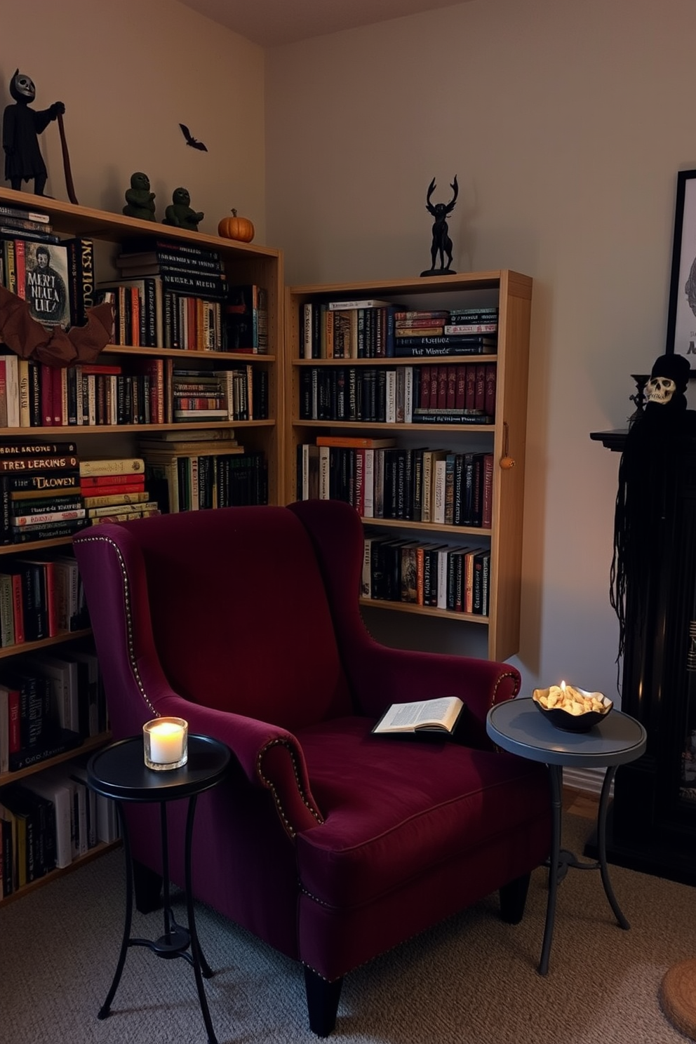 A cozy reading chair upholstered in deep burgundy fabric sits in the corner of a softly lit room. Surrounding the chair are shelves filled with an array of spooky books and Halloween-themed decorations, creating an inviting atmosphere for reading. A small side table next to the chair holds a flickering candle and a bowl of seasonal treats. The walls are adorned with subtle Halloween artwork, blending the festive spirit with a comfortable reading space.