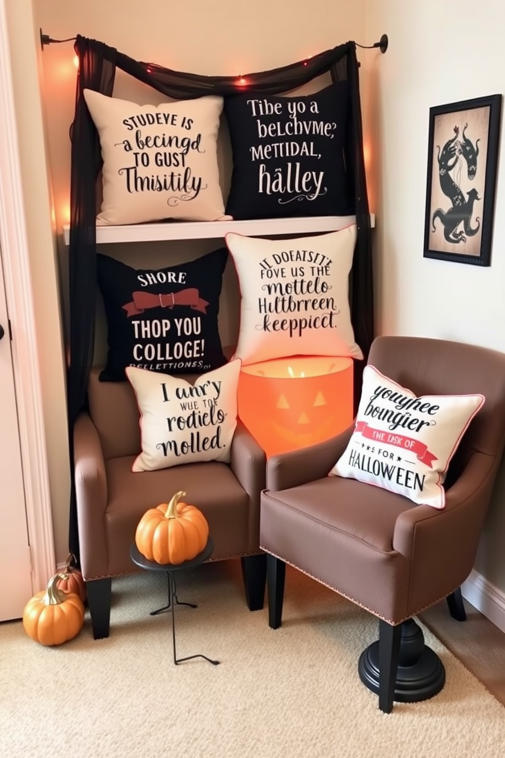 Create a cozy reading nook for Halloween featuring seasonal throw pillows adorned with spooky quotes. The nook should include a comfortable armchair, a small side table with a pumpkin centerpiece, and warm ambient lighting to enhance the festive atmosphere.