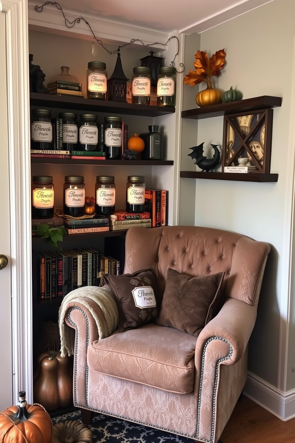 A cozy reading nook designed for children featuring a shelf filled with Halloween-themed books. The nook is adorned with playful decorations like orange and black cushions, a small pumpkin-shaped lamp, and spooky wall art to create a festive atmosphere.