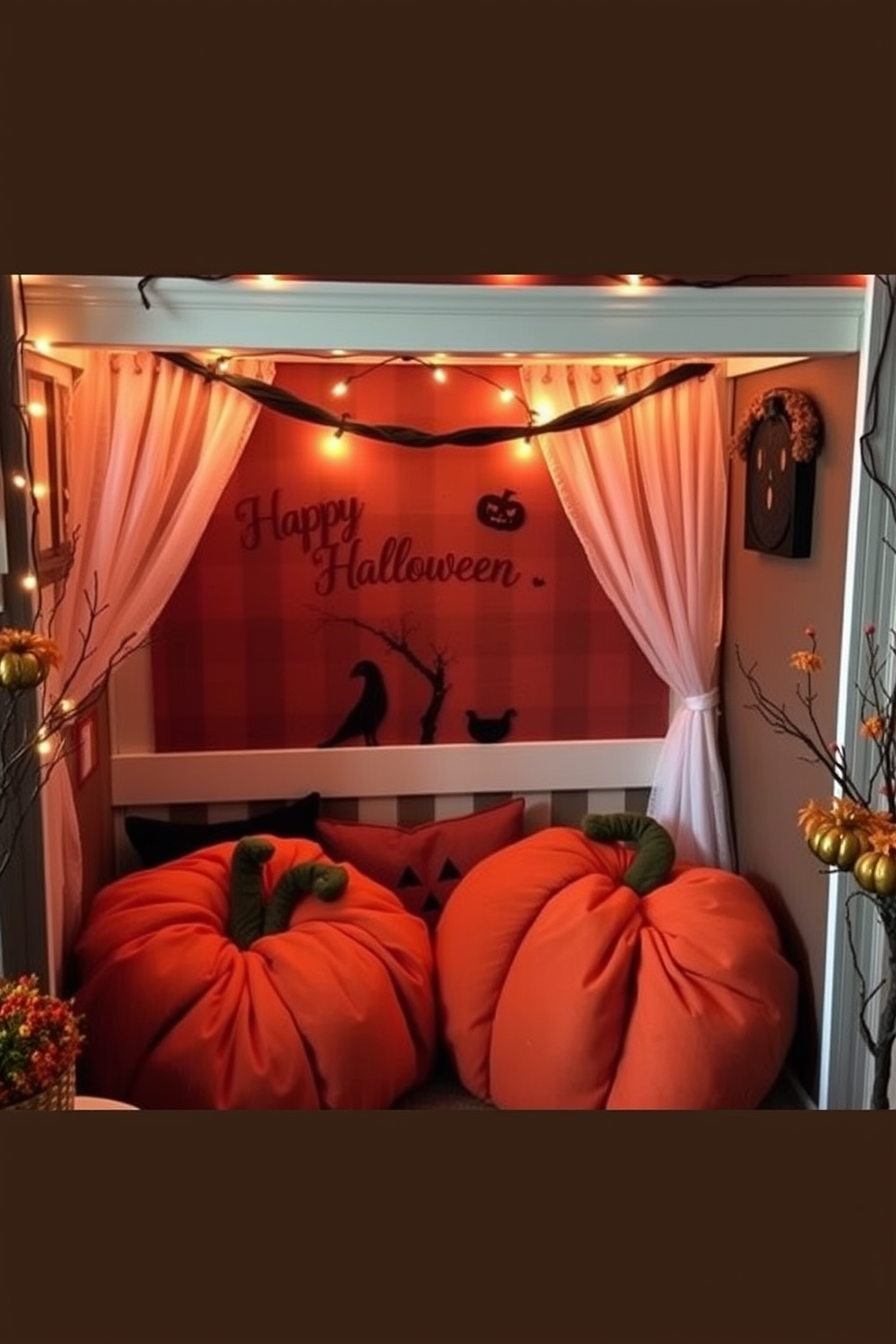 A cozy Halloween reading nook features pumpkin-shaped cushions arranged for comfortable seating. The nook is adorned with autumn-themed decorations, including a warm throw blanket and flickering candlelight for ambiance.