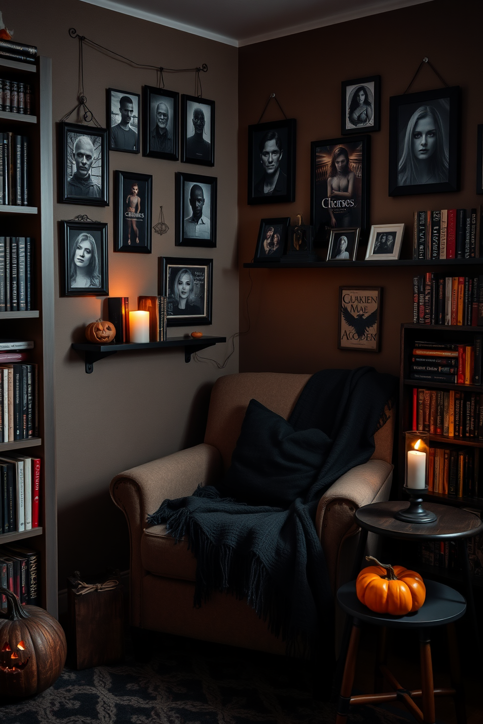 A cozy reading nook designed for Halloween ambiance. The space features a comfortable armchair draped with a soft, dark throw blanket, surrounded by shelves filled with spooky books. Hanging photo frames with eerie images adorn the walls, creating an unsettling yet intriguing atmosphere. A small side table holds a flickering candle and a decorative pumpkin, enhancing the seasonal theme.