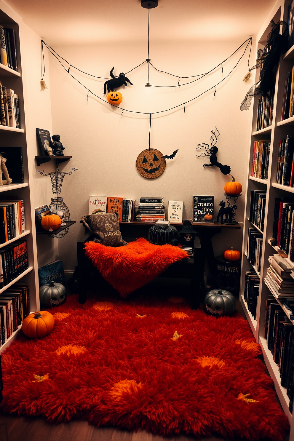 A cozy reading nook designed for Halloween featuring decorative skulls on side tables. The nook includes a plush armchair draped with a soft throw blanket and a small bookshelf filled with spooky-themed novels.