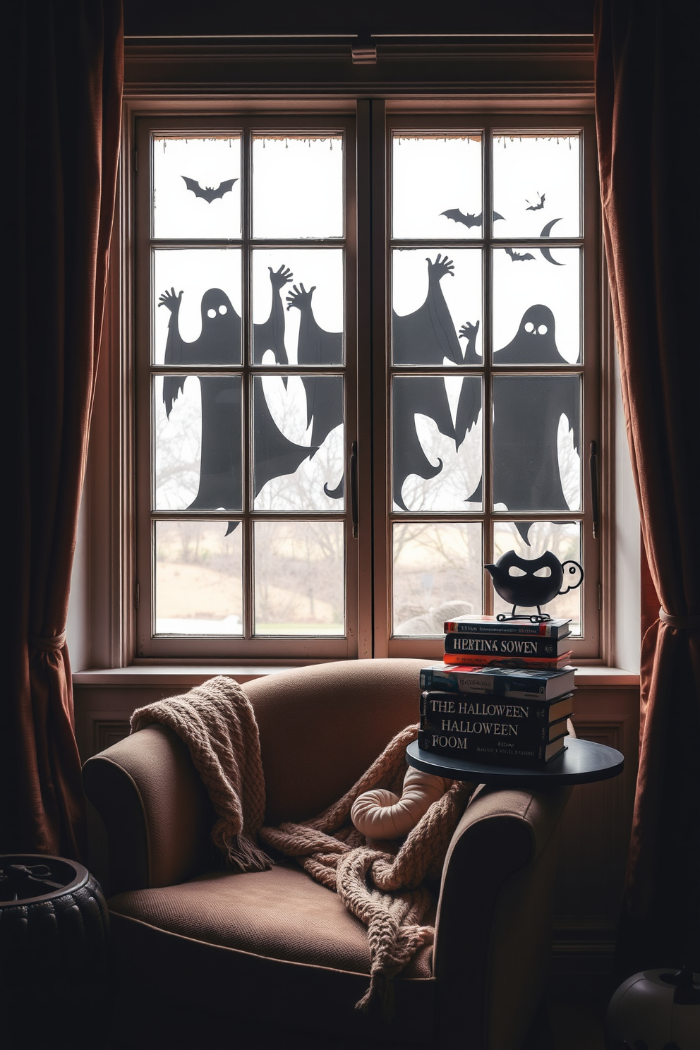 A cozy reading nook designed for Halloween features a comfortable armchair draped with a soft, textured throw blanket. The walls are adorned with shelves filled with hanging potion bottles in various shapes and sizes, casting a whimsical glow. A small side table holds a stack of classic horror novels alongside a flickering candle. Soft, ambient lighting enhances the enchanting atmosphere, inviting you to curl up and enjoy a spooky story.