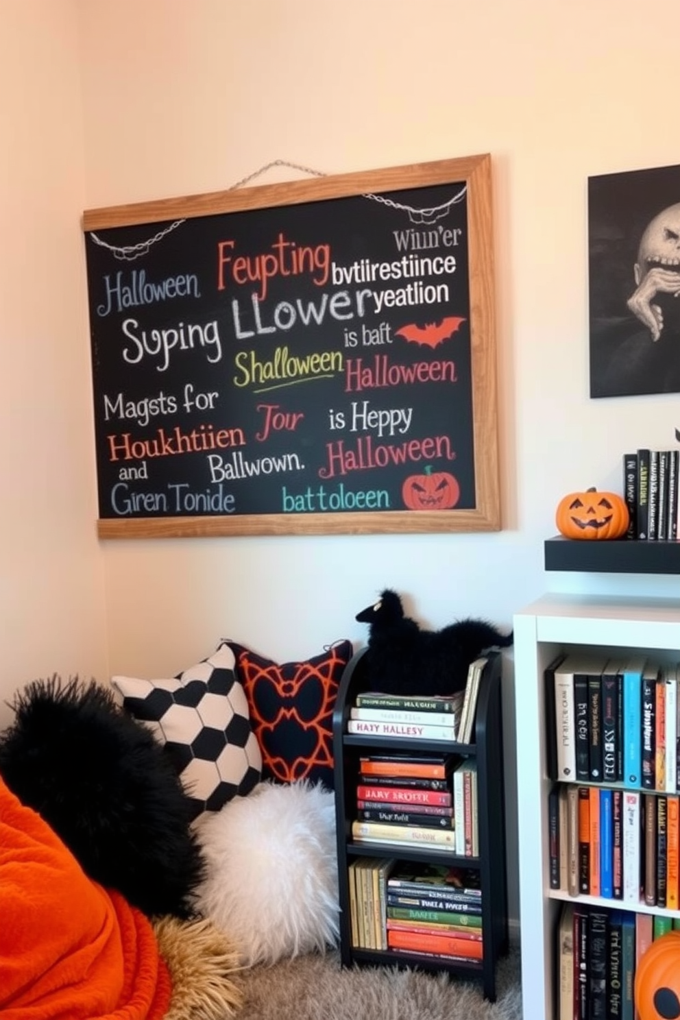 A cozy reading nook filled with Halloween spirit. A large chalkboard is mounted on the wall, showcasing spooky quotes in colorful chalk. Surrounding the nook are plush cushions in orange and black hues. A small bookshelf filled with Halloween-themed books sits nearby, adding to the festive atmosphere.