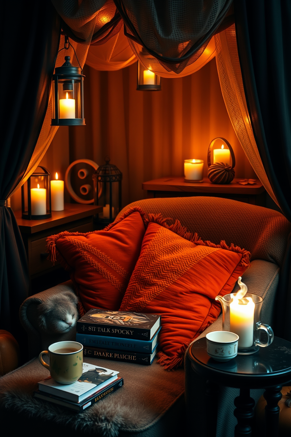 A cozy reading nook designed for Halloween with glow-in-the-dark stars adorning the ceiling. The space features a comfortable armchair draped in a soft blanket, surrounded by spooky decorations and a small bookshelf filled with seasonal reads.