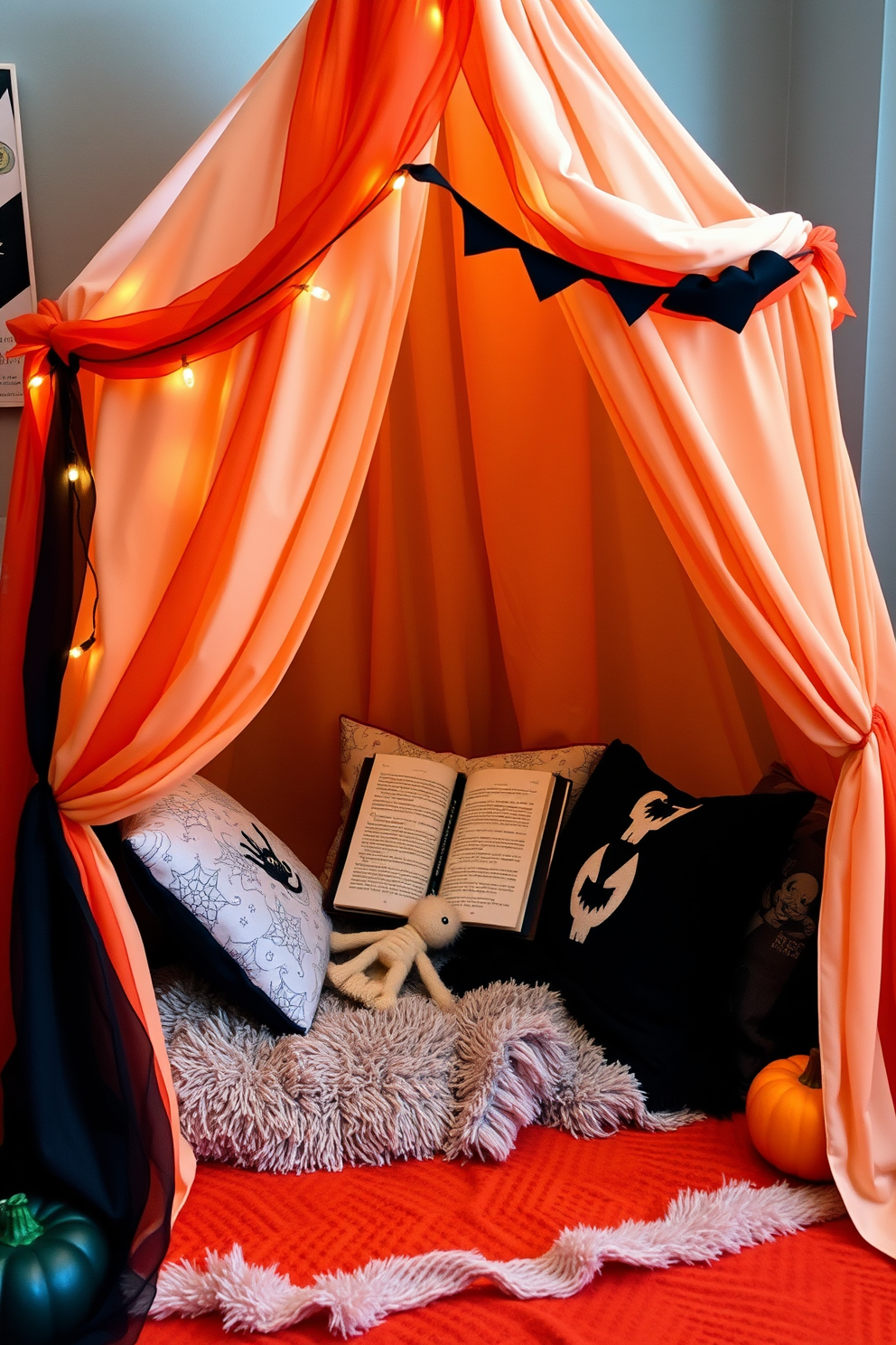 A cozy reading nook tent draped in soft, colorful fabric creates a whimsical atmosphere perfect for Halloween. Inside the tent, plush cushions and a warm throw blanket invite you to curl up with a good book while surrounded by festive decorations.