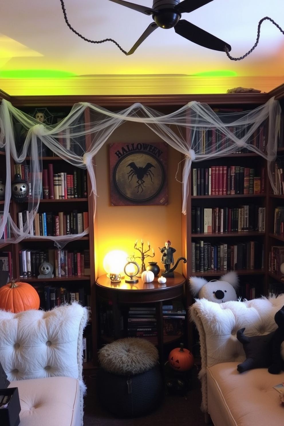 A cozy reading nook featuring bookshelves adorned with cobwebs creates a perfect Halloween atmosphere. The space is filled with plush seating, dim lighting, and an assortment of spooky decorations to enhance the seasonal charm.