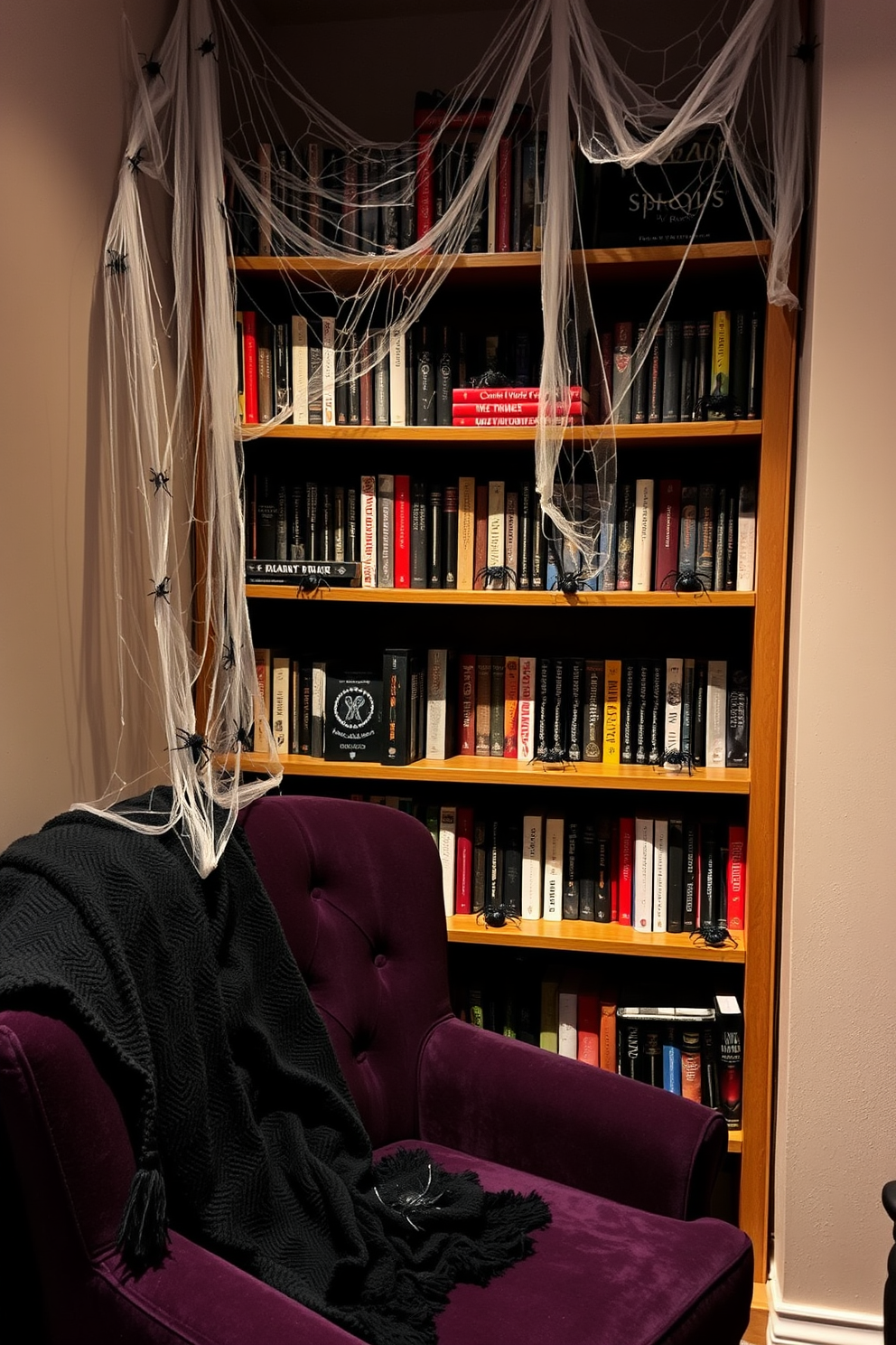 A cozy reading nook adorned with creepy crawly decorations on the shelves. Spider webs drape over the books, and plastic spiders are scattered among the titles, creating a spooky atmosphere. The seating area features a plush armchair in deep purple, complemented by a black throw blanket. Dim lighting casts shadows, enhancing the eerie vibe perfect for Halloween reading.