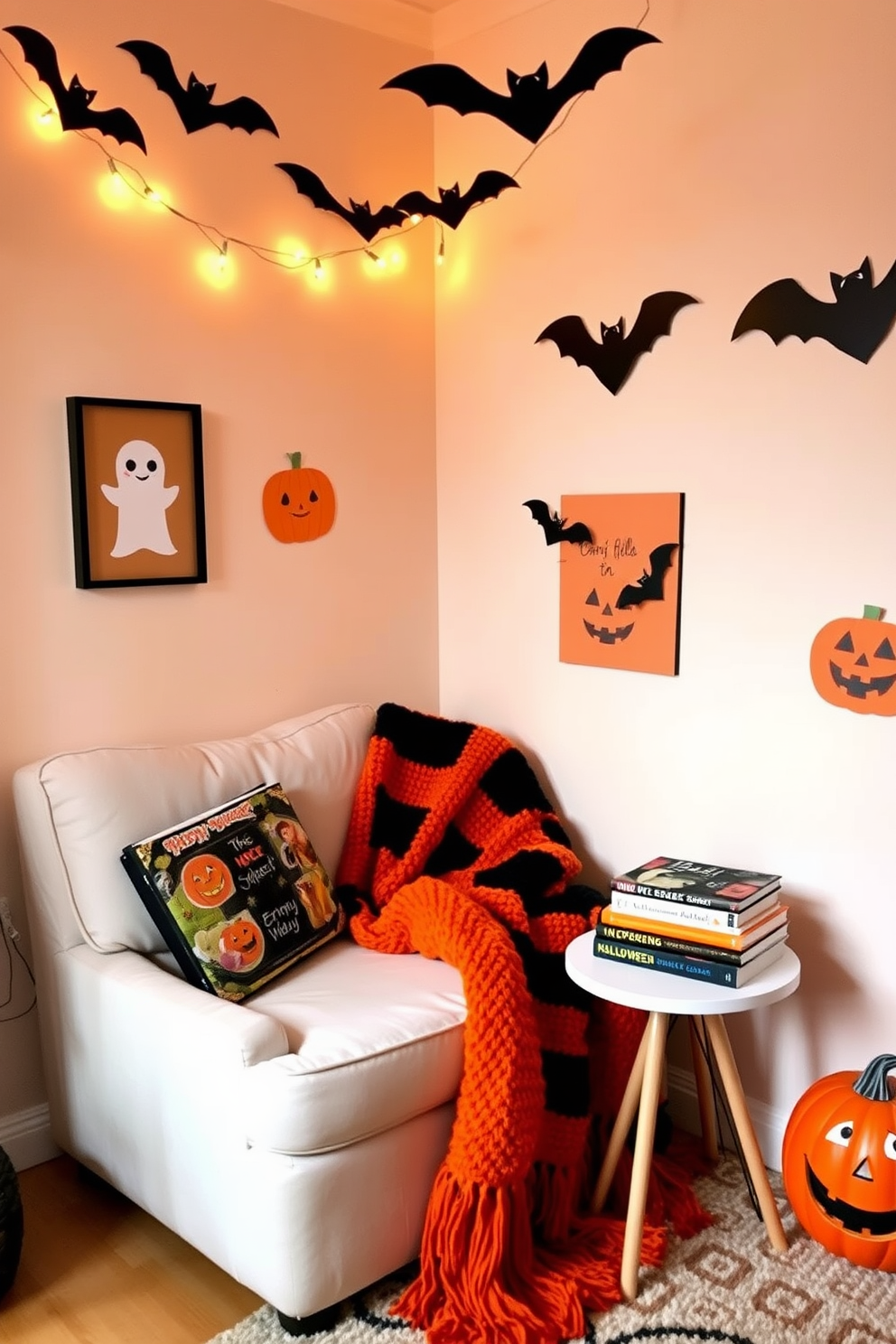 A cozy reading corner adorned with Halloween decorations. There is a plush armchair draped with an orange and black throw blanket, and a small side table holding a stack of spooky-themed books. The walls are decorated with playful ghost and pumpkin wall art. A string of fairy lights in the shape of bats hangs above, casting a warm glow over the space.