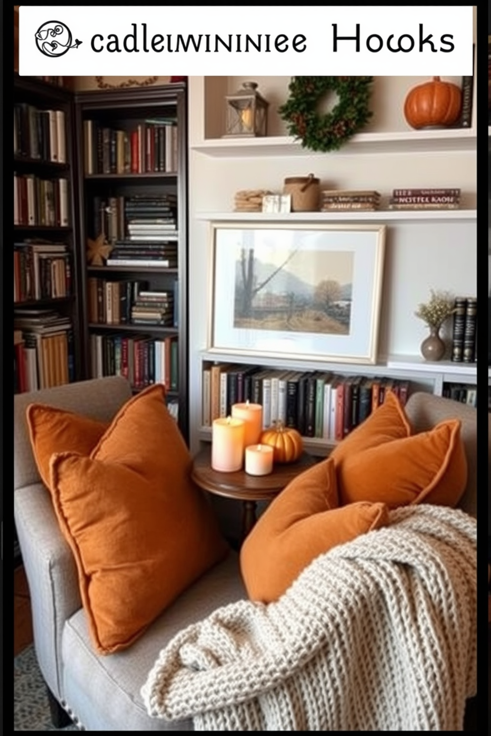 A cozy Halloween reading nook features wall-mounted shelves adorned with an array of spooky books and decorative items. Soft, ambient lighting casts a warm glow, while plush cushions and a knitted throw blanket invite relaxation in this whimsical space.