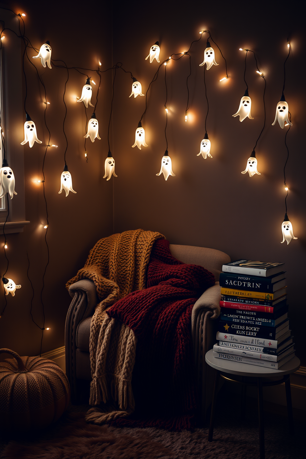 A cozy reading nook adorned with ghostly string lights that cast a soft, ethereal glow. The space features a plush armchair draped with a warm, knitted blanket and a small side table holding a stack of spooky-themed books.