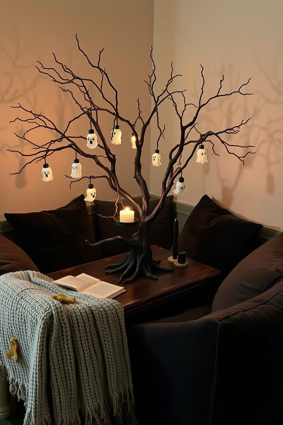 A cozy reading nook features a spooky tree branch centerpiece that stretches across a rustic wooden table. The branches are adorned with flickering candle lights and hanging ghost decorations, casting eerie shadows on the walls. Soft, plush cushions in dark hues are scattered around the nook, inviting readers to sink in with a good book. A warm, knitted throw drapes over the armrest, adding comfort and a touch of seasonal charm.