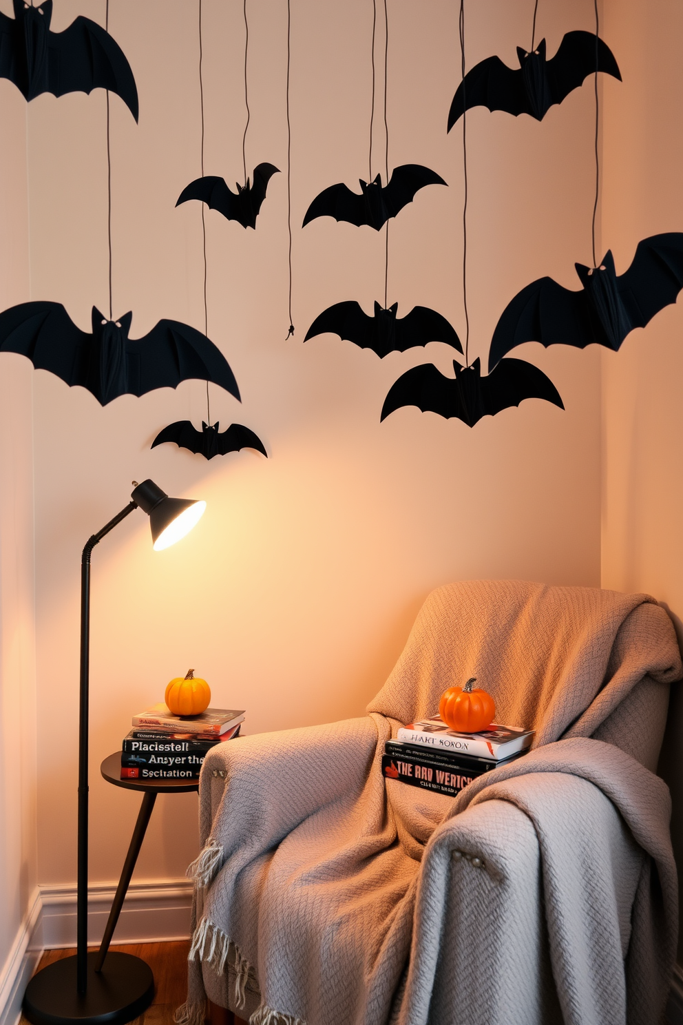 A cozy reading nook designed for Halloween features a comfortable armchair draped with a soft blanket. Hanging bats made of black paper dangle from the ceiling, creating a spooky yet inviting atmosphere. The nook is illuminated by a warm floor lamp that casts a gentle glow over a small side table. On the table, a stack of classic horror novels and a decorative pumpkin add to the festive decor.